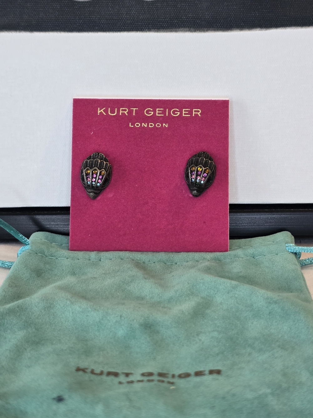 Kurt Geiger Black Eagle Head Stud Earrings with Crystal Centers Nwt
